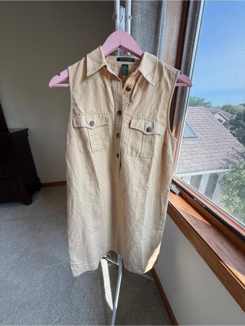 Lauren Ralph Lauren Sleeveless Collared Shirt Dress in Light Khaki Size S